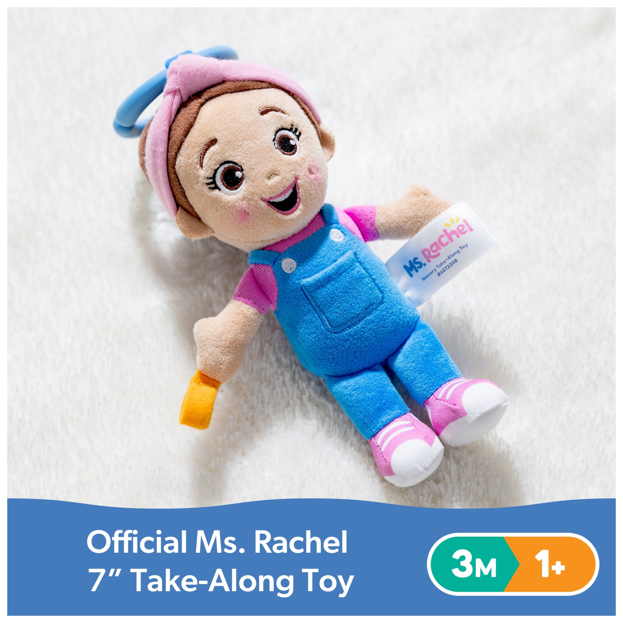 Ms. Rachel Official Sensory Take-Along Plush Toy with Baby Rattle & Clip
