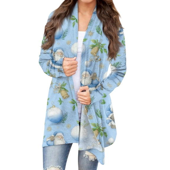 Women's Fashion Christmas Print Jacket, Long Sleeve Casual Cardigan Coat for Everyday Wear and Comfortable Outfits,Sky Blue,M