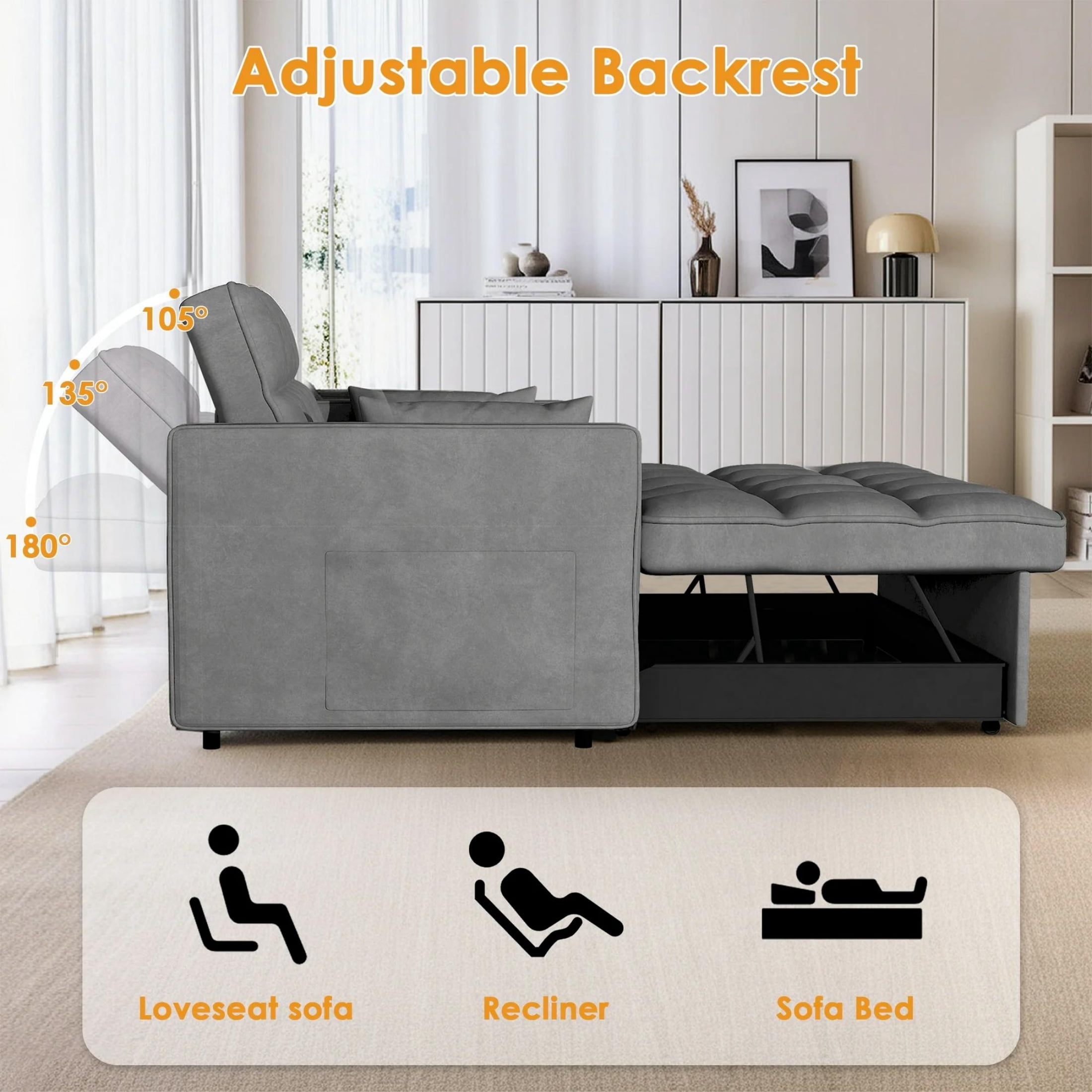 AISWORD Convertible Sofa Bed, 3 in 1 Pull Out Sleeper Loveseat Couch with Storage, Gray