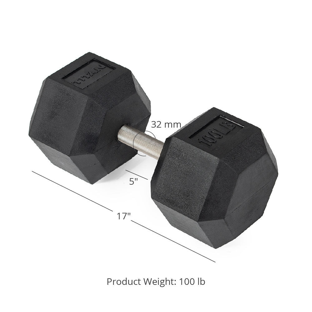 Titan Fitness 100 LB Pair Free Weights, Black Rubber Coated Hex Dumbbell, Straight Stainless Steel Handle, Strength Training, Full Body Workout