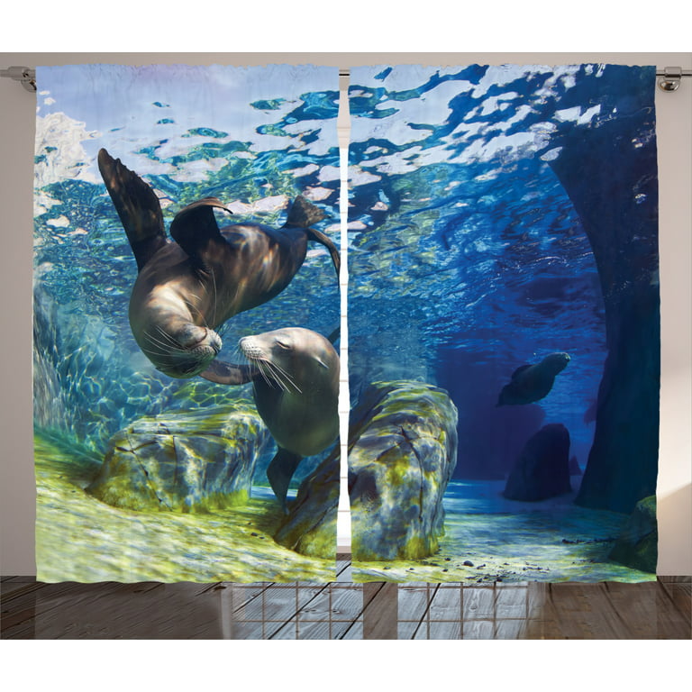 Underwater Fish Curtains 2 Panels Set, Playful California Sea Lions  Swimming in Clear Water Undersea World Theme Decoration, Living Room  Bedroom Decor, 108W X 90L Inches, Navy Lime, by Ambesonne 