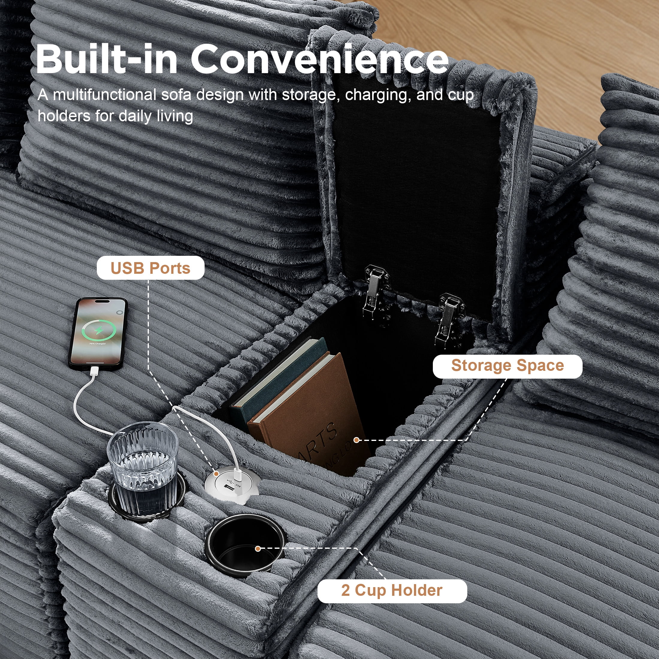 Aenkyo 127" Corduroy U-Shaped Modular Sectional Sofa with Storage Console and Cup Holder, Gray