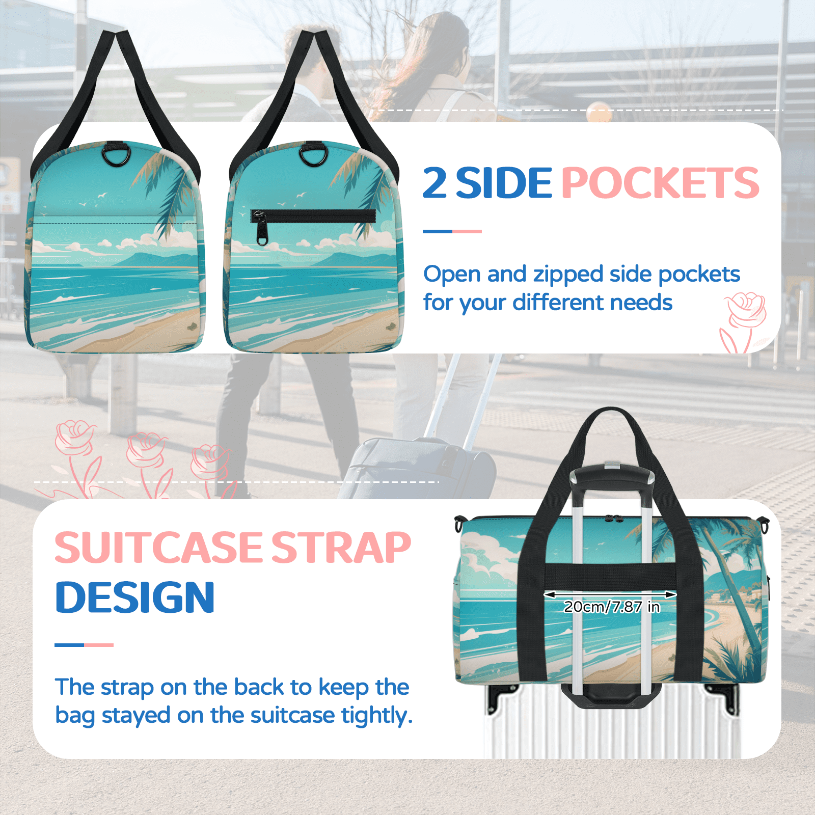 Herdesigns Ocean Beac Gym Bag for Women, Duffle Bag for Travel Sport, Palm Tree Lightweight Waterproof Carry on Weekender Dance Yoga Workout Bags