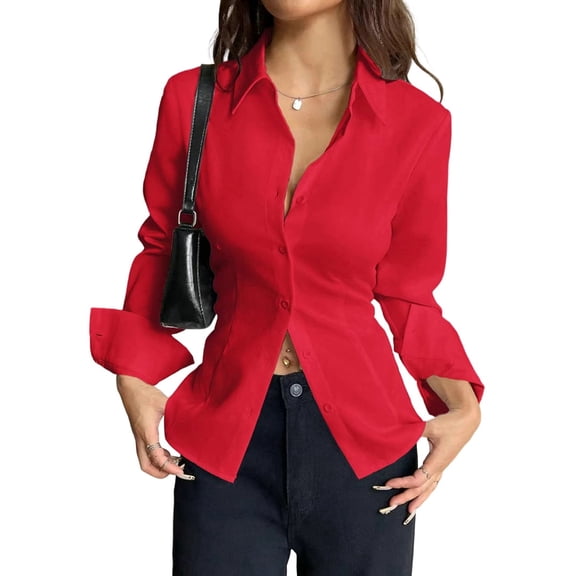 Women Button Up Shirt Long Sleeve Shirt V Neck Collared Blouse Aesthetic Work Tops Red S