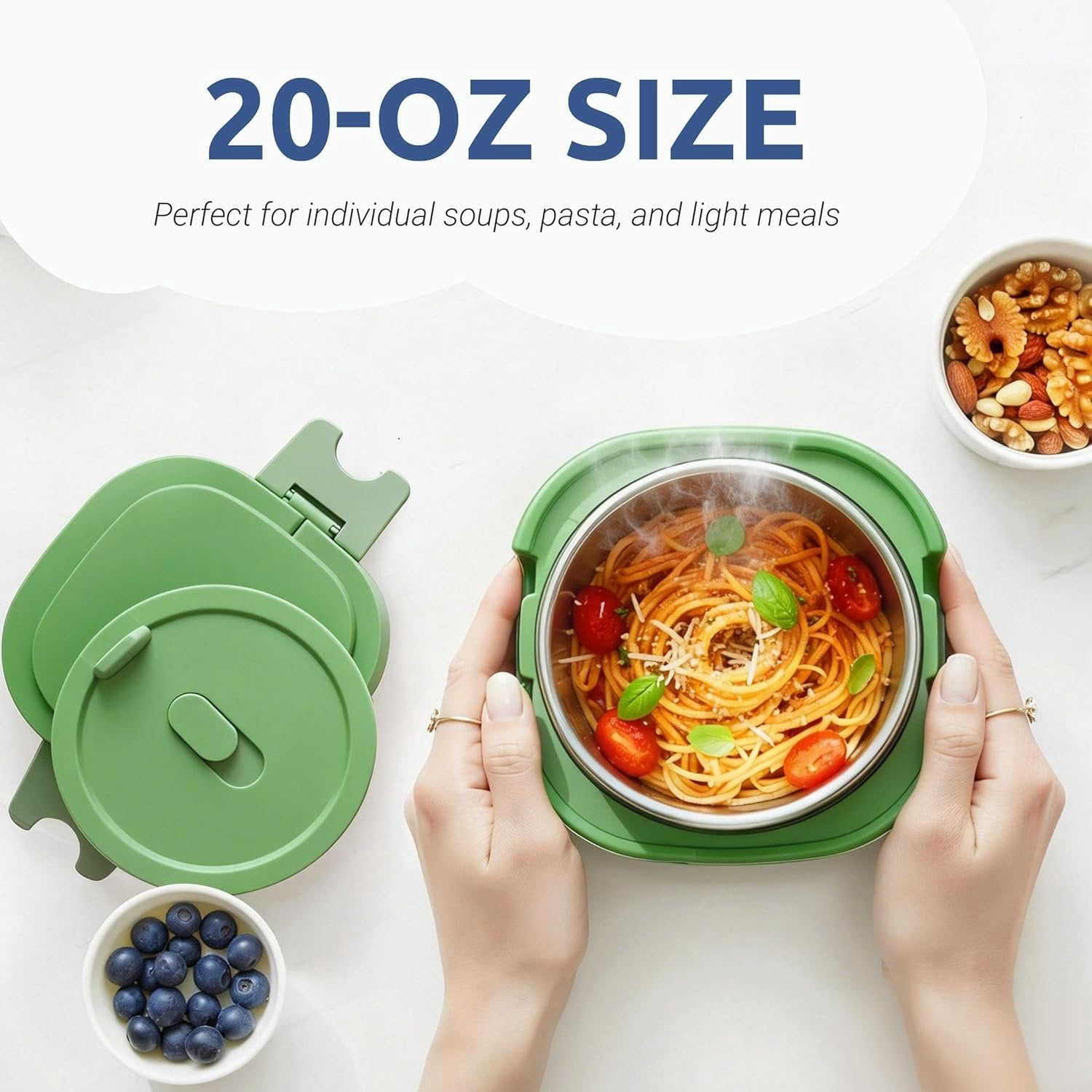 Portable 20-Ounce Electric Heated Lunch Box, 2.5-Cup  Warmer for Travel & Office, Leak-Proof -Sealed Lid, Foldable Handle, Ideal for Soup, Chili & Leftovers, Green