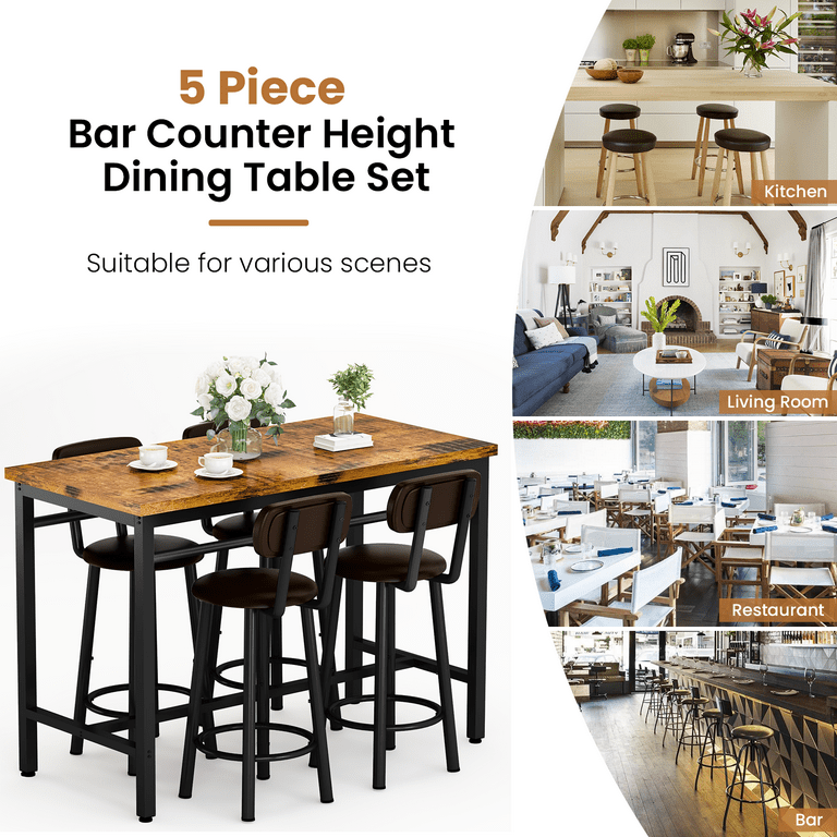 LTTROMAT Dining Table Set for 4, Rustic Brown High Top Table with