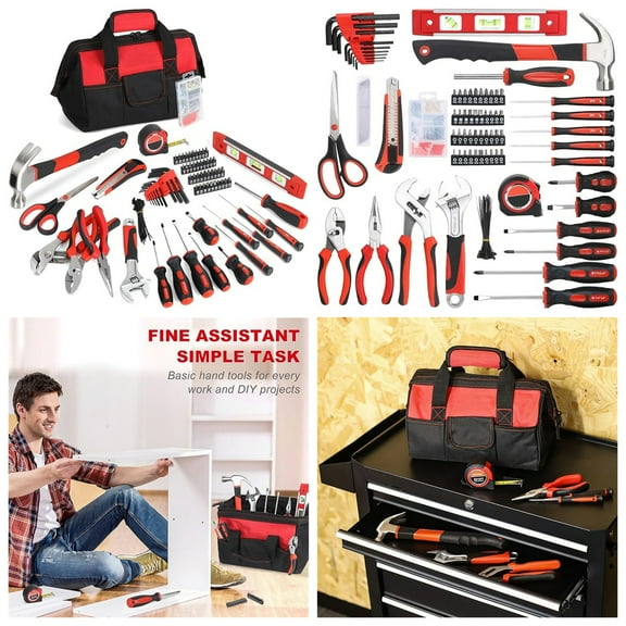 220-Piece Home Tool Set, Household Repairing Tool Kit, with 12-Inch Wide Mouth Open Storage Tool Bag, Red