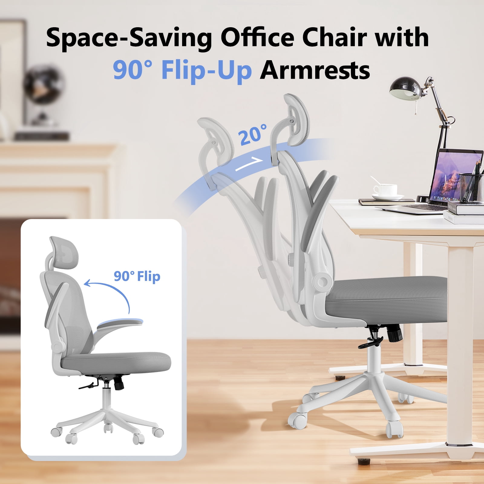 HomeZeer Desk Chairs with Wheels, Mesh Office Chair with Lumbar Support, Ergonomic High Back Office Chair with Adjustable Headrest and Flip-up Arms, Executive Office Chair Home Office, White & Gray