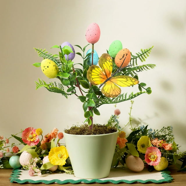 Fiudx Decoración de Conejito de Pascua, Diseño de Huevo Colorido y Hojas Verdes, Material Plástico Ligero, Decoración Festiva, Adorno de Mesa, Tamaño 35 Cm