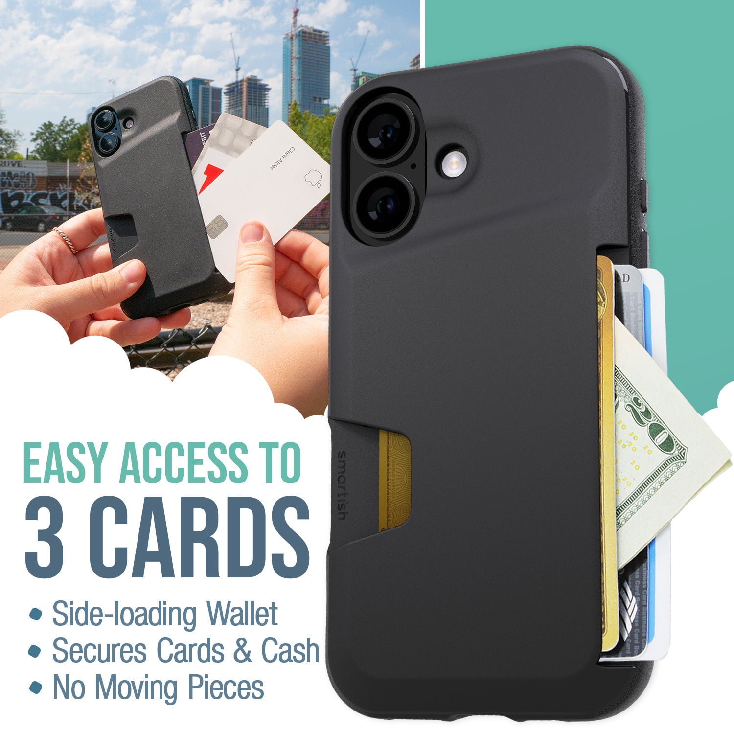 Smartish® iPhone 16 Wallet Case - Wallet Slayer Vol. 1 [Slim + Protective] Credit Card Holder - Drop Tested Hidden Card Slot Cover Compatible with Apple iPhone 16 - Black Tie Affair