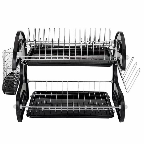 Simple Houseware 2Tier Dish Rack with Drainboard, Chrome, Black