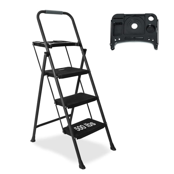 Confote 3 Step Ladder with Tool Tray Platform, Folding Step Stool with Handrail, Wide Non-Slip Pedal, 500lb, Black