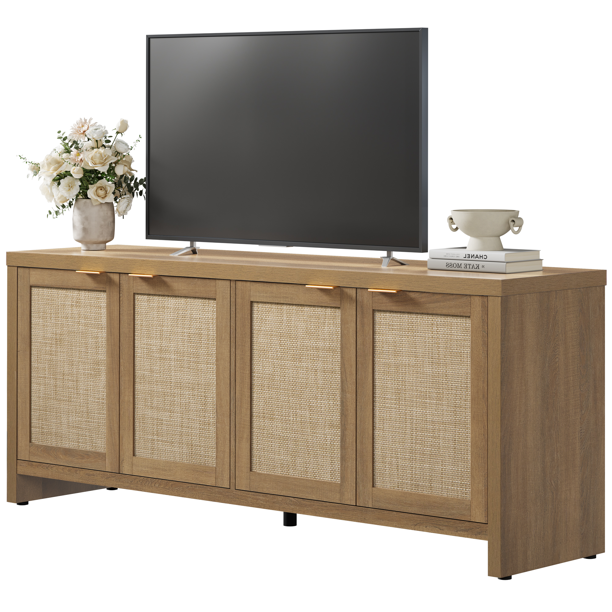Sicotas 61.5" Rattan TV Stand with Adjustable Shelves, Caramel Oak photo 6