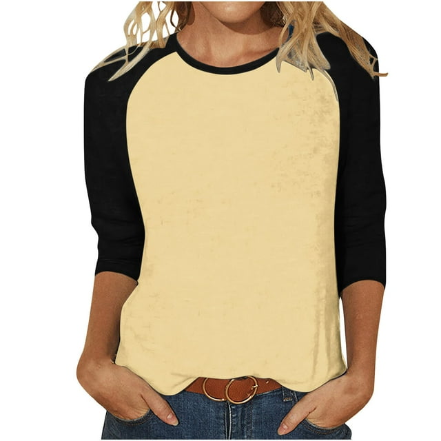 Bowake Hauts à Manches 3/4 pour Femmes, Patchwork à Blocs de Couleur, Chemises Habillées Décontractées, Blouses Col Rond pour Printemps Automne