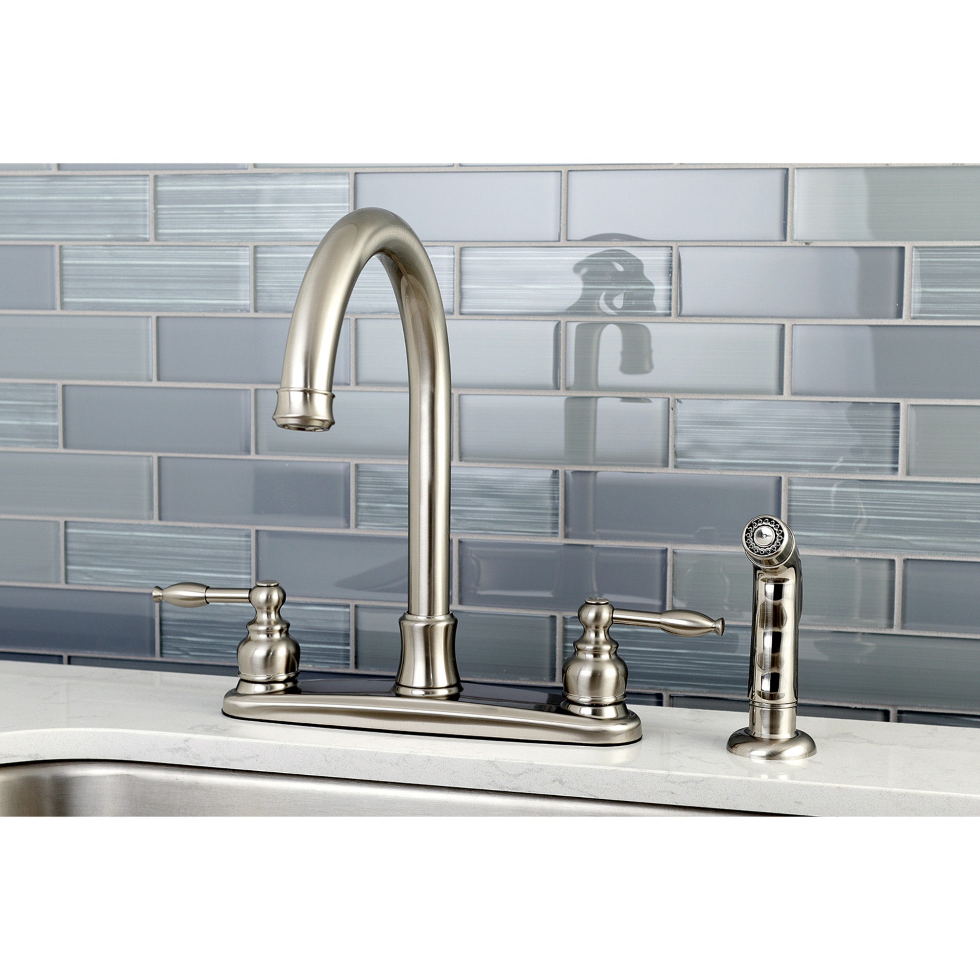 Kingston FB7798KLSP Knight Two-Handle 4-Hole 8" Centerset Kitchen Faucet with Side Sprayer in Brushed Nickel