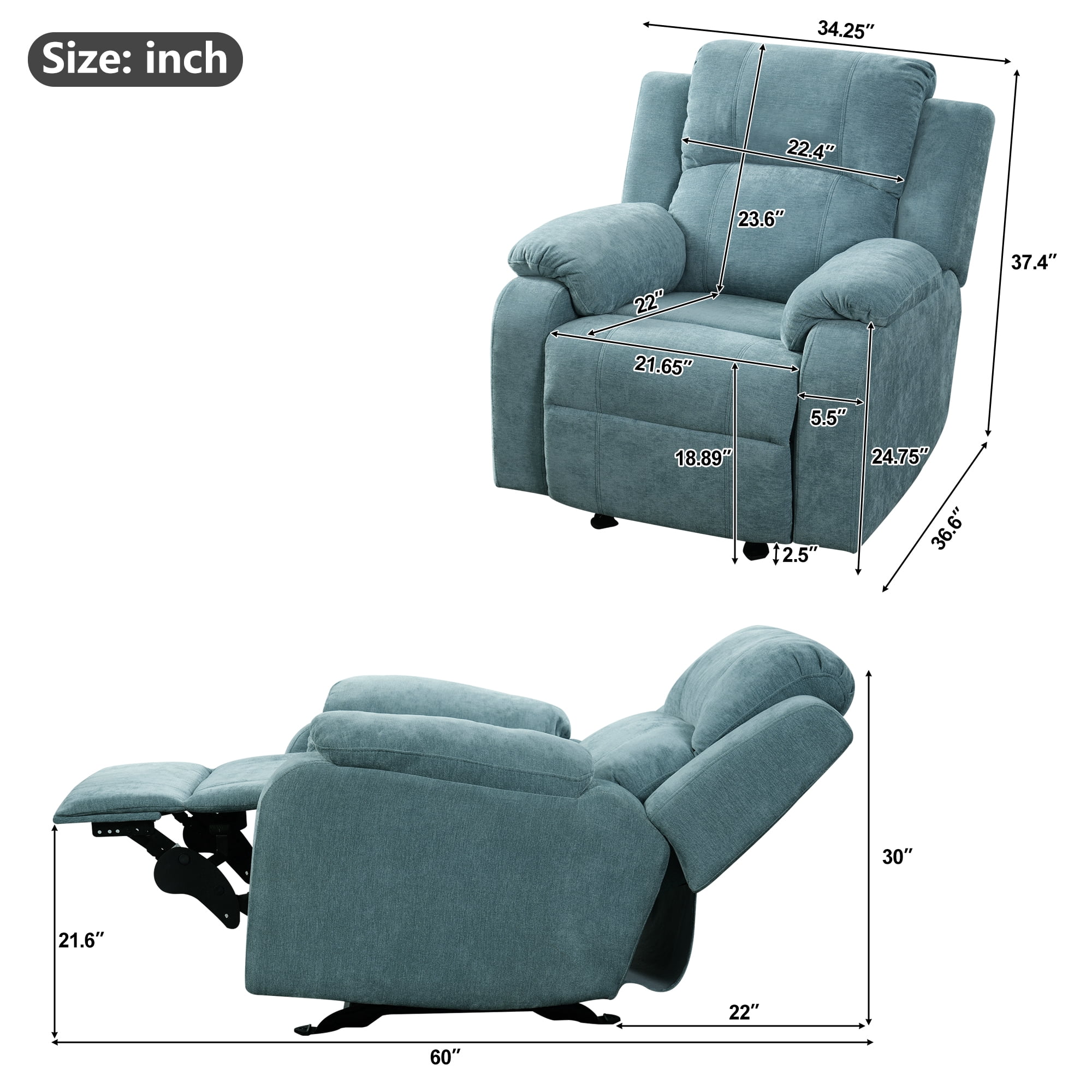 TiramisuBest Manual Recliner Chair,Chenille Upholstered Adjustable Lounge Armchair for Living Room,Teal