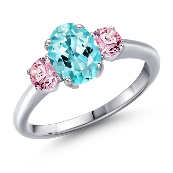 Gem Stone King 1.70 Ct Oval Blue Apatite Pink Lab Grown Diamond 925 Sterling Silver Ring