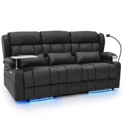 3-Seat Power Recliner Sofa with Console, Massage & Heat, LED Theater Seating with Drawer, USB Charging, Cup Holders, Drawer, Tray Table ＆ Phone Holder, Faux Leather, Black