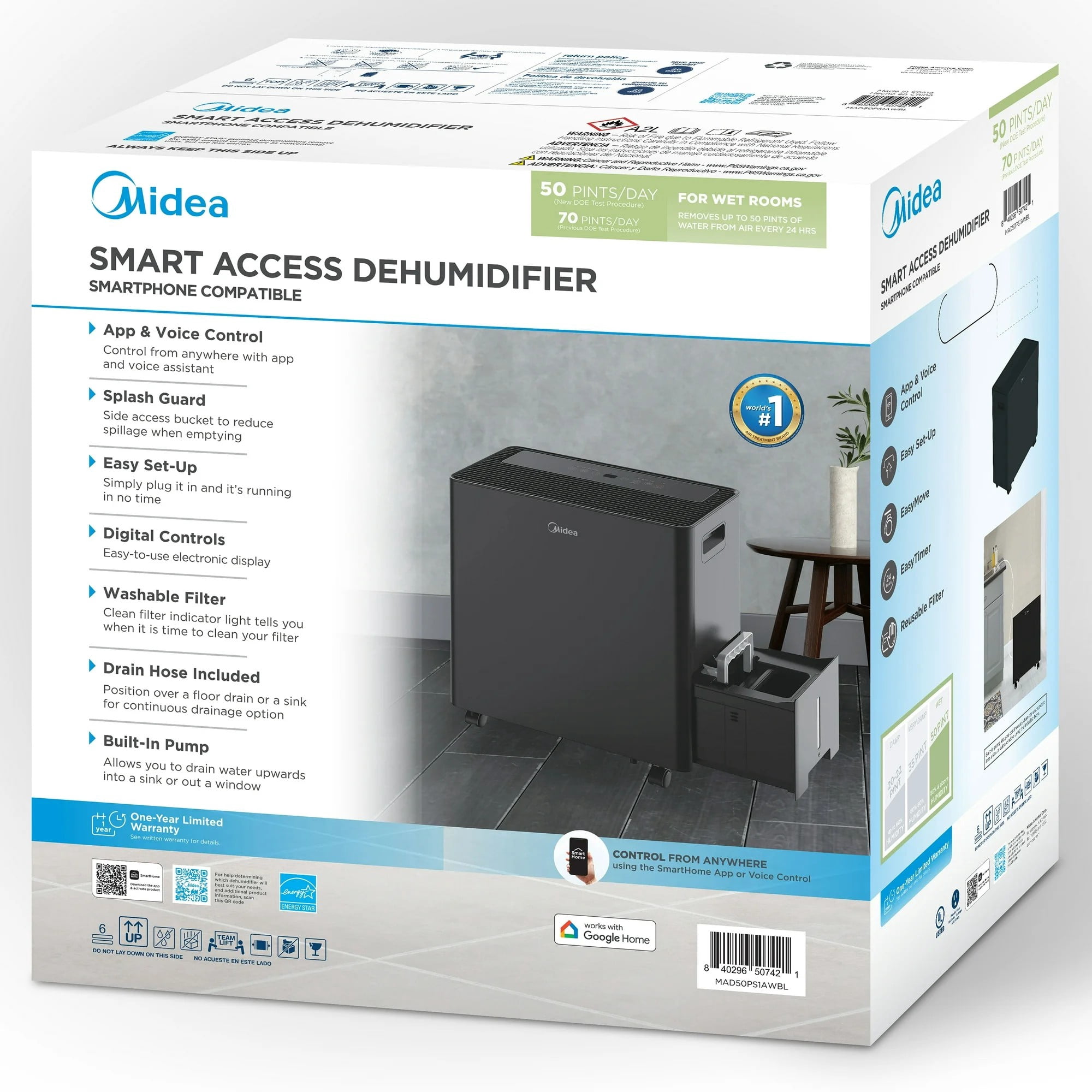 Restored Midea Dehumidifier With Built-In Pump and App Control, Smart, 50 Pint, For Rooms Up to 4,500 Sq Ft, RMD50PSWB, Refurbished