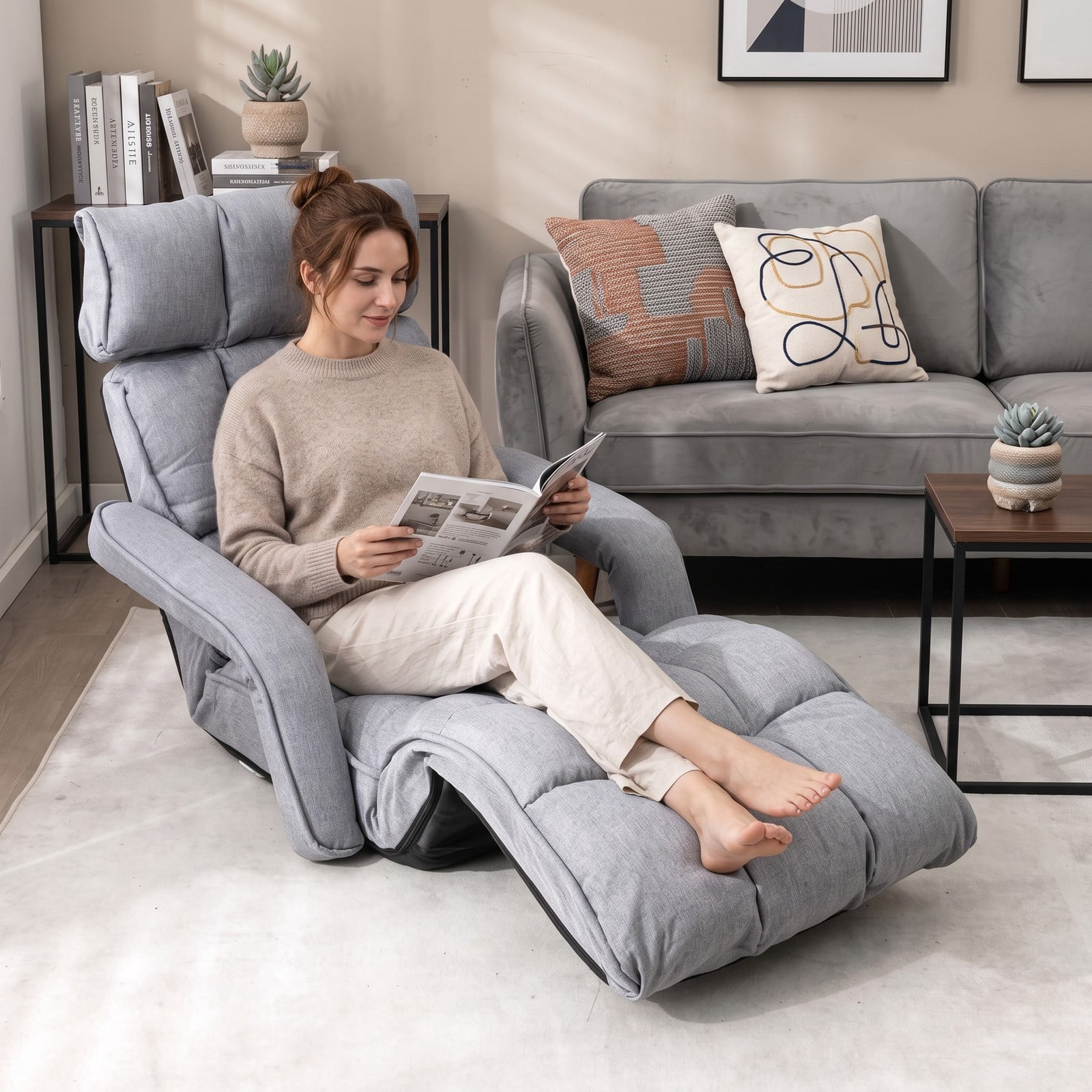 Furnibear 6-Position Adjustable Floor Chair, Foldable Lazy Sofa Recliner with Adjustable Armrests and Footrest, Padded Gaming Floor Sofa Bed for Living Room, Gray