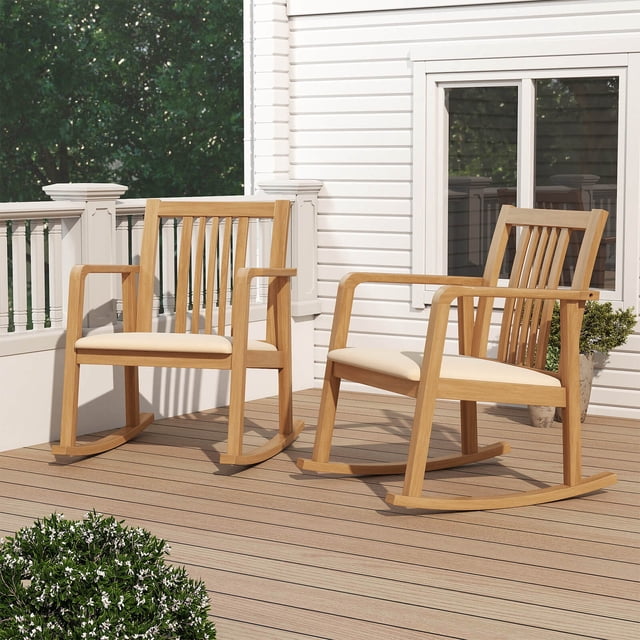 Costway 2 PCS Rocking Chair with Cushioned Seat, Slatted Back & Curved Armrests for Bedroom Natural + Beige