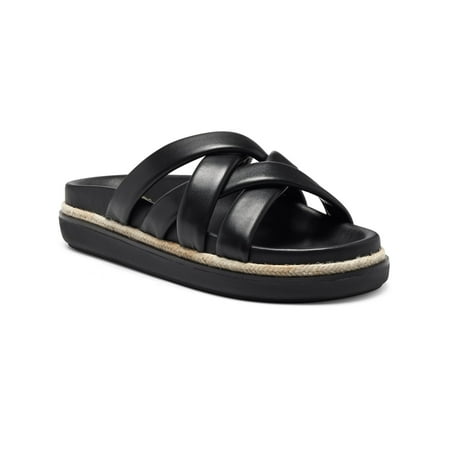

VINCE CAMUTO Womens Black Crisscross Straps Jute Wrapped Sole Arch Support Comfort Chavelle Round Toe Platform Slip On Leather Slide Sandals Shoes 6 M