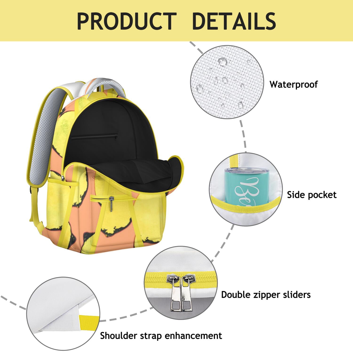Yellow Lemon Lover Backpack - Vintage Inspired Waterproof Bookbag for Teens, Lightweight Daypack with Breathable Shoulder Straps & Organized Storage