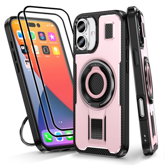 Hotpom for iPhone 16 Plus Case with 2 Pack Screen Protector, Heavy Duty Shockproof, Anti-Fingerprint Rugged Women Men universal Protective Cover with 360°Rotatable Ring Stand, Pink