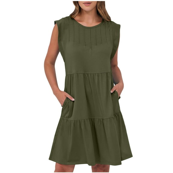 JSheng Summer Fashion Womens Dresses Solid Sleeveless Roumd Neck Pleated Loose Comfy Mini Dress with Pockets Army Green XXL