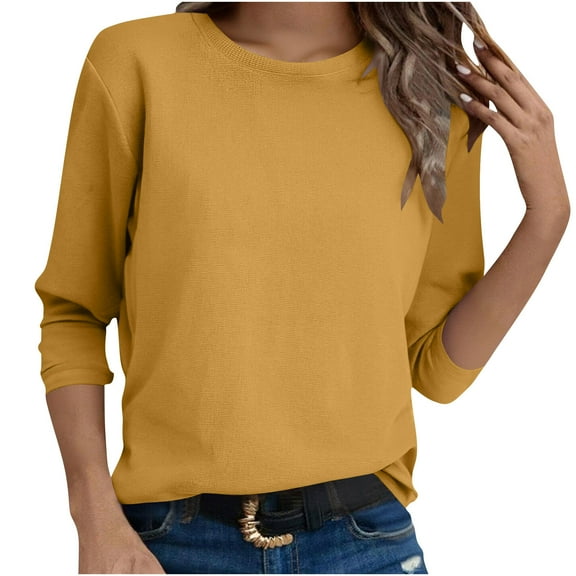 Enjoytime Long Sleeve Shirts for Women Fashion Solid Color Crewneck Trendy Tops Lightweight Business Casual Blouses Yellow S