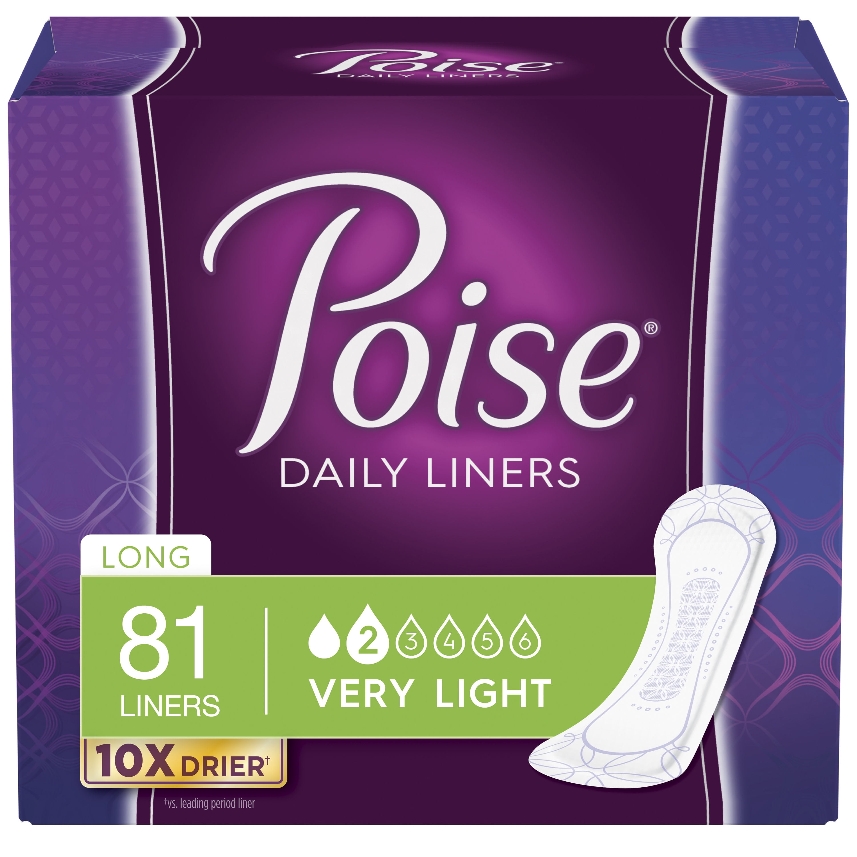 Poise Daily Liners Women's Very Light Pantiliners - Long Incontinence Liners, 81ct