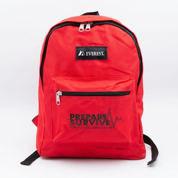 Earthquake Survival Backpack with IOSAT KI, Carbon Respirators, Aquatabs & Dynamo Radio Flashlight - Deluxe Fill by Prepare Survive (Red)