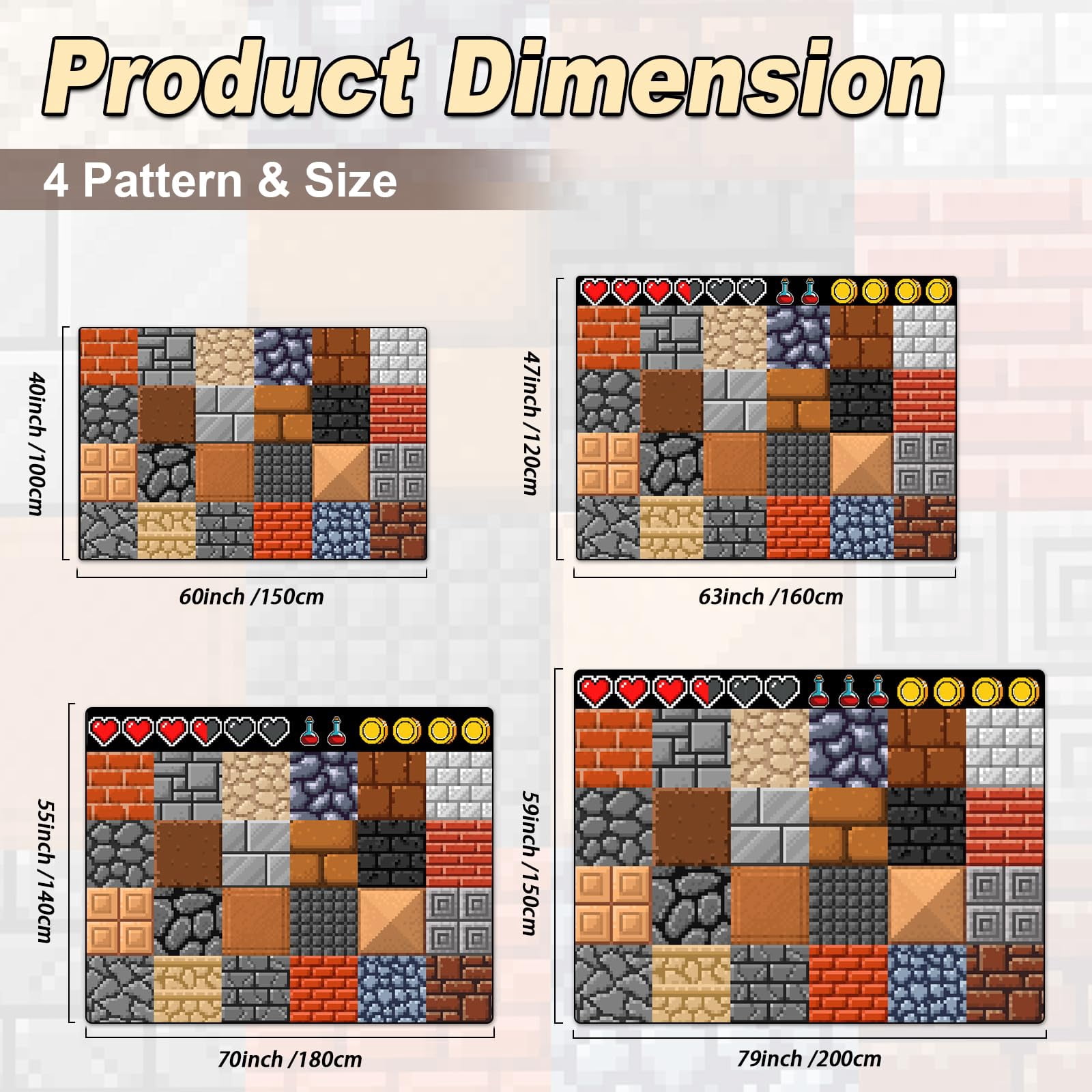 Game Rug Teen Boys Carpet with Wall Pixel Game Element Decoration, 8 Bit Old Game Rugs for Boy’s Bedroom Living Room Playroom, Non-Slip Children Gaming Area Rugs (79" x 59")