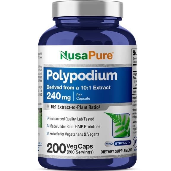 NusaPure Polypodium Leucotomos Root Extract 240mg 10:1 Dietary Supplement Unisex Adult 200 Veggie Capsules Suitable for Vegetarian/Vegan Non-GMO