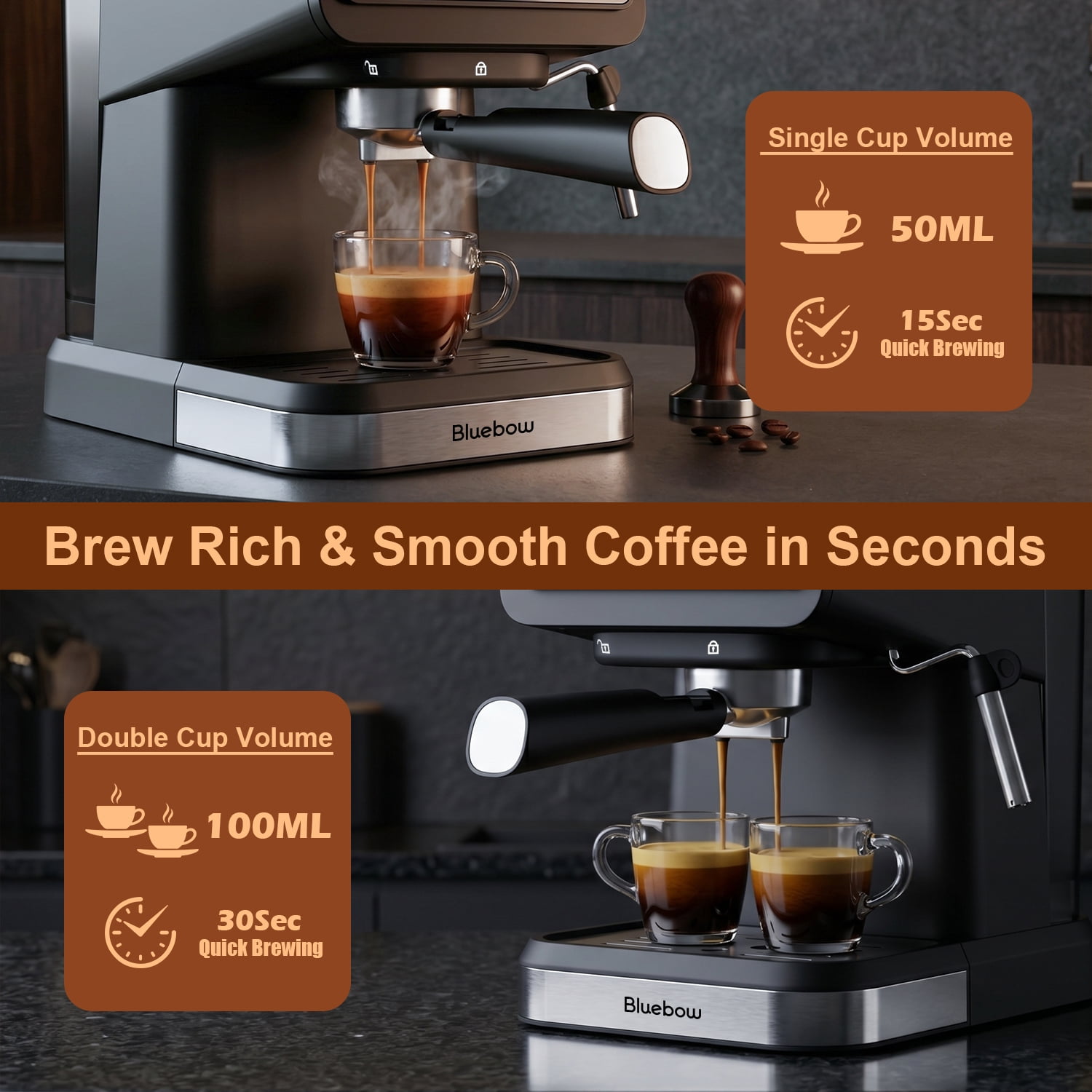 Bluebow Espresso Machine, 20 Bar Coffee Machine with Milk Frother Steam Wand, Coffee Maker for Home- Americano Cappuccino Latte