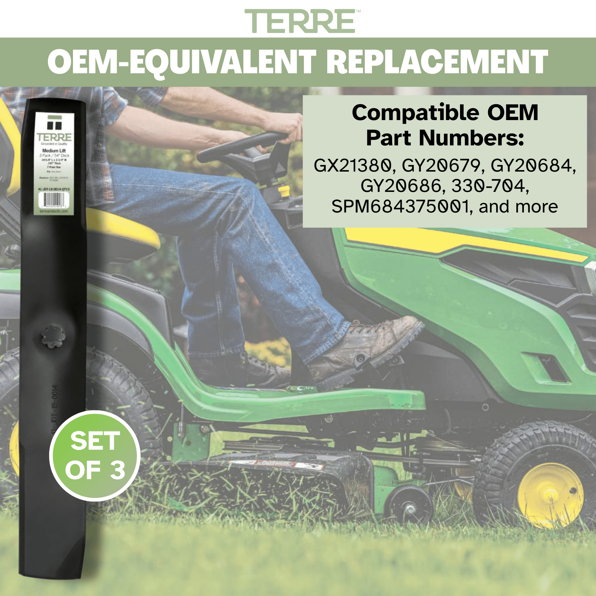 Terre Products, 3 Pack Medium Lift Lawn Mower Blades, 54 Inch Deck, Compatible with John Deere. Replacement for Part Numbers GX21380, GY20684