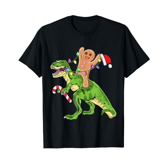 Gingerbread Man Riding Dinosaur T rex Christmas Boys Men T-Shirt