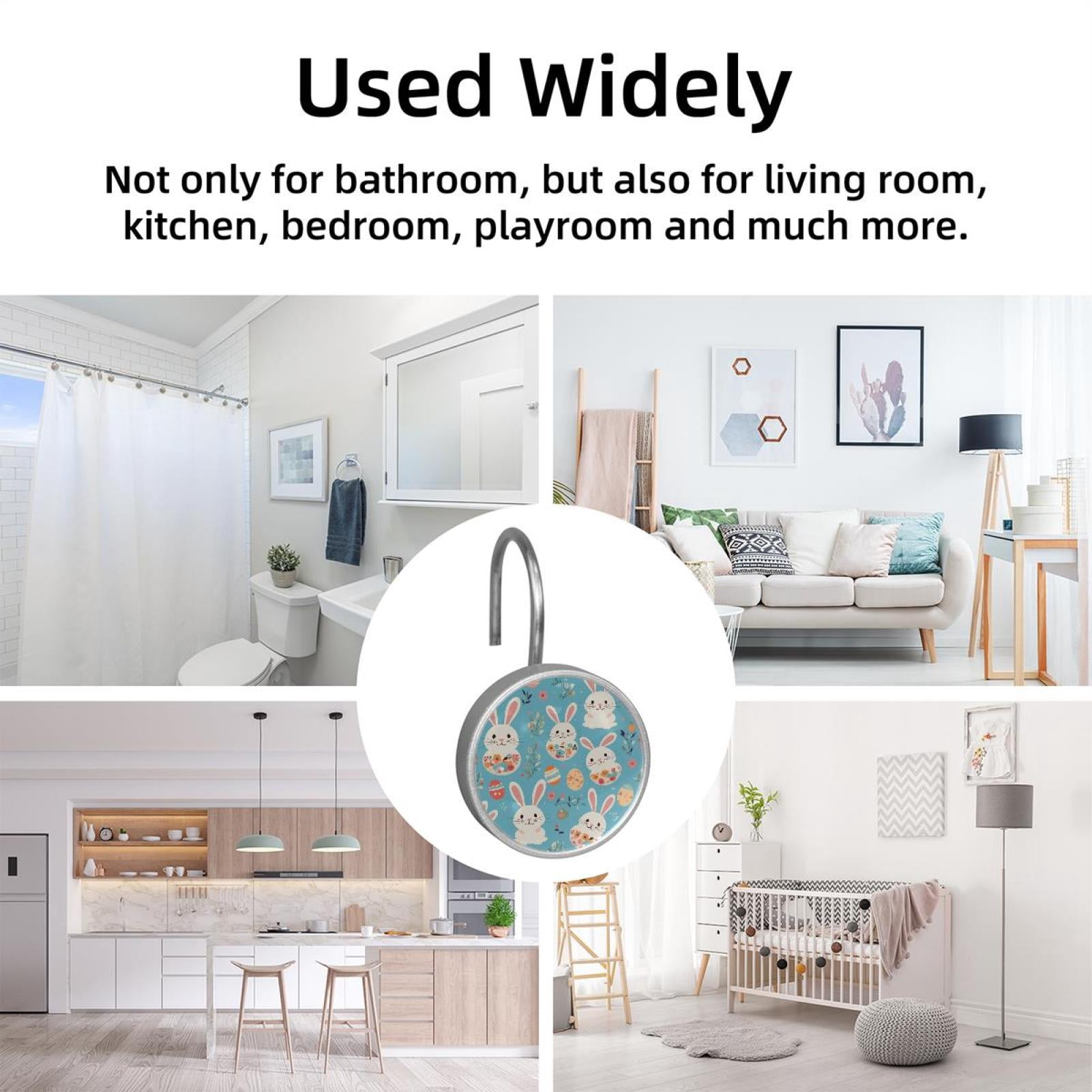 Imobaby 12 Pcs Metal Shower Curtain Hooks Rust Proof for Shower Curtain Liner - Blue Flower Little White Rabbit