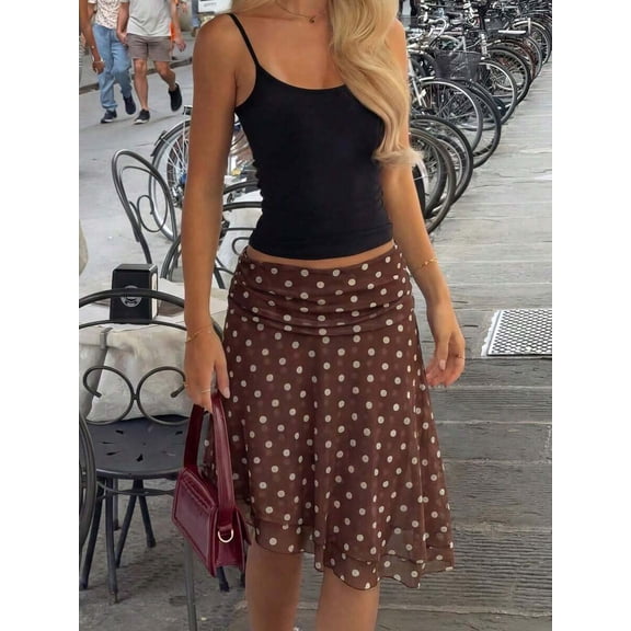 Brown & White Polka Dot Mesh High Waist A-Line Skirt For Women