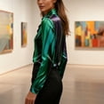 thumbnail image 4 of RKSTN Women's Elegant Satin Cowl Neck Blouses Oversized Dressy Drape Ruched Front Business Long Sleeve Silk Shirt Top Womens Casual Colorblock Print Plus Size Lapel Comfy Office Work Formal T Shirt, 4 of 9
