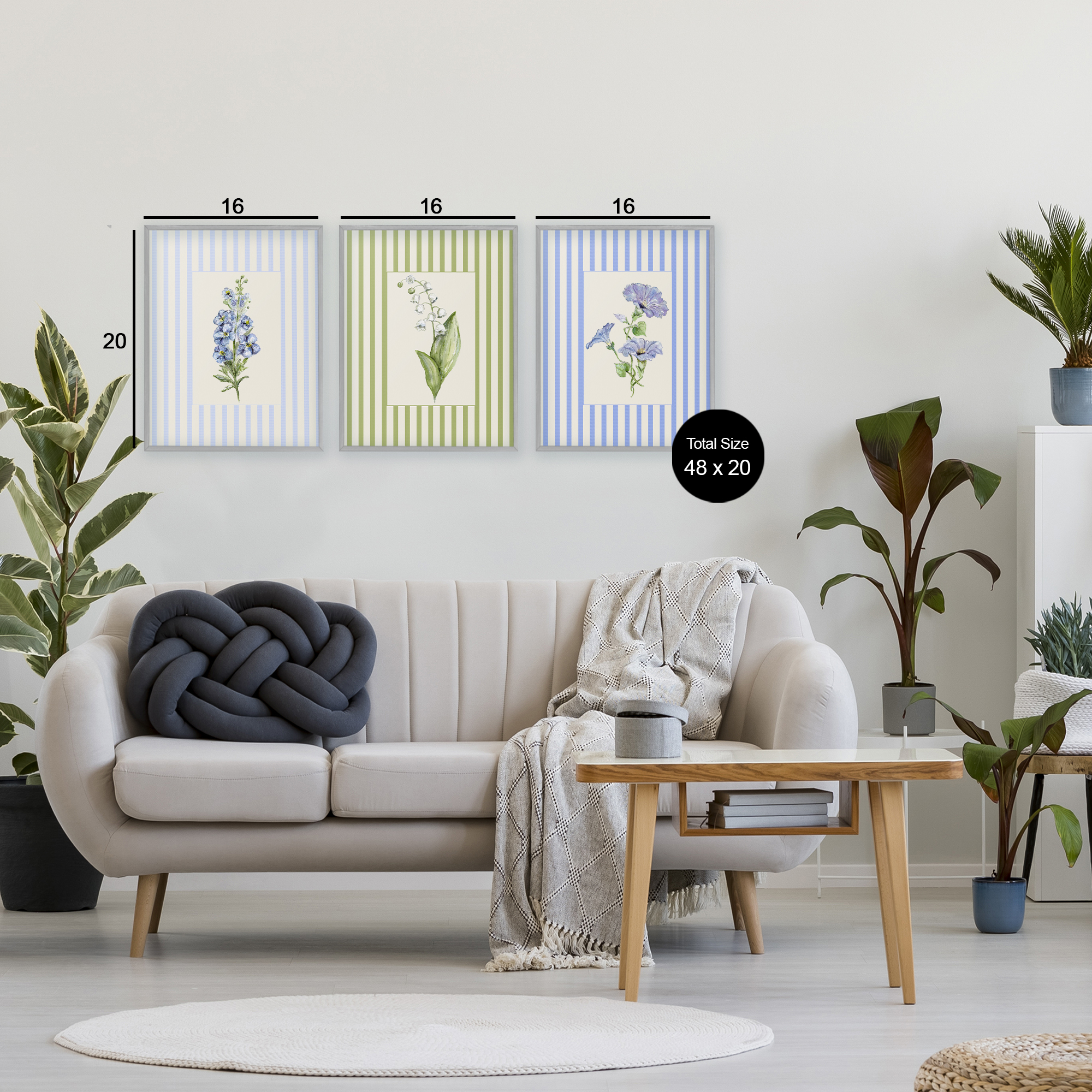 Soft Stripe Cottage Blooms 3 Piece Gray Framed Giclee Art Set, design by Lisa Wehmeyer