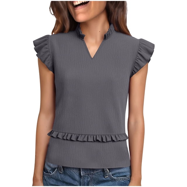 Camisole Noire Femme Extensible Col en V avec Volant Sans Manches Tunique en Tissu Froissé pour Tenue Décontractée