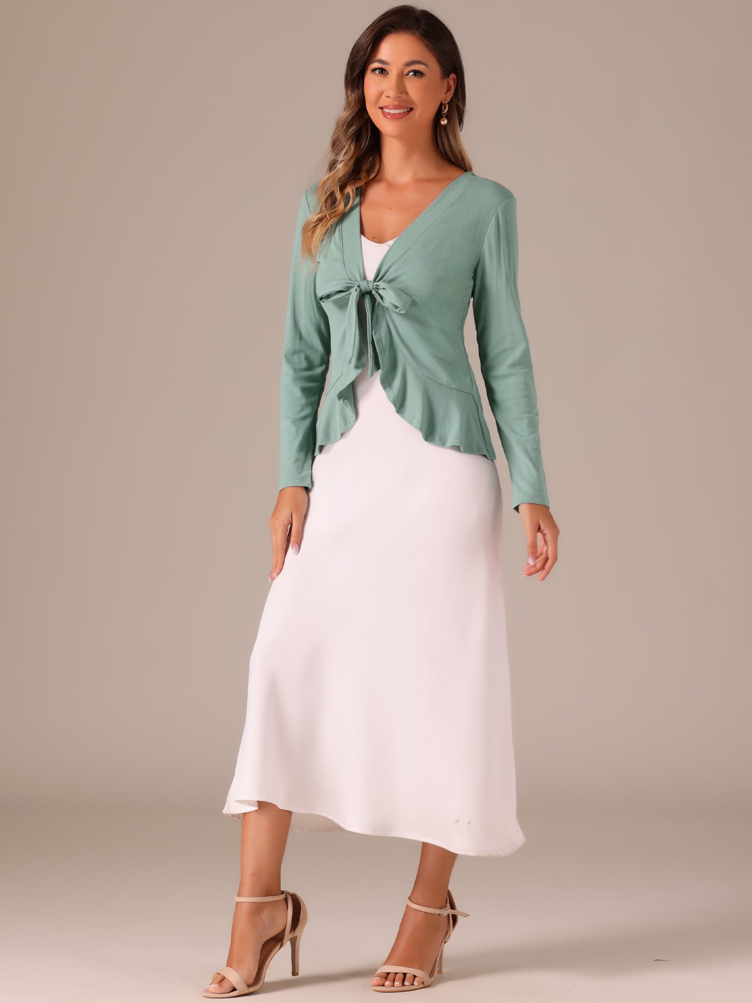 DARING DIVA Women's Tie Front Ruffled Hem Crop Knit Cardigan XS Dark Cyan
