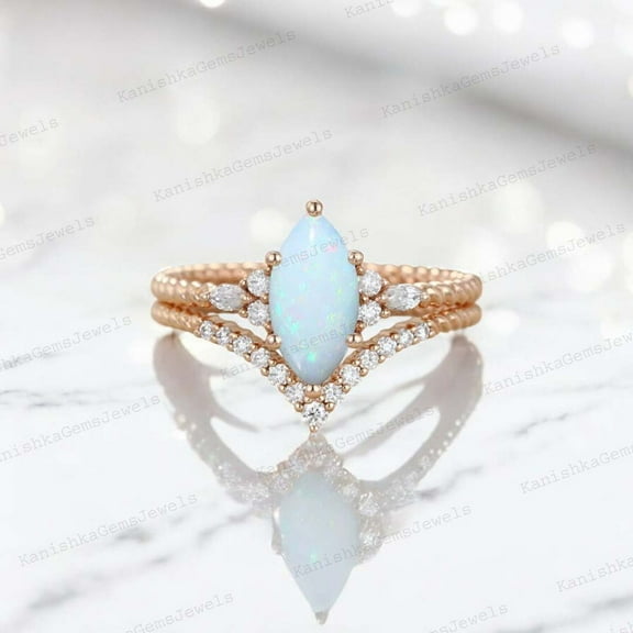 KANISHKAGEMS&JEWELS 9x7MM / 2Ct Fire Opal Proposal Ring Set Bridal Wedding Alternative Fine Jewelry CZ Diamond V Shape Stacking Band Promise Gift For Girlfriend
