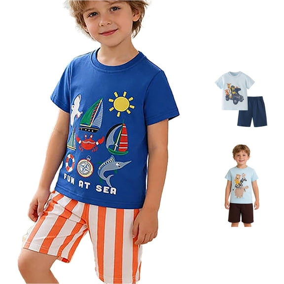 WhouRiu Boys Casual Outfits Short Sleeve Cartoon Graphic Tees And Shorts Sets Kids Summer Clothes