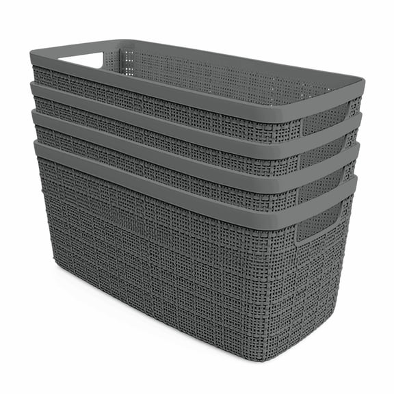 Curver Jute Small Long Half Bin, Resin Plastic Storage Bin, Grey Flannel, 4 Pack