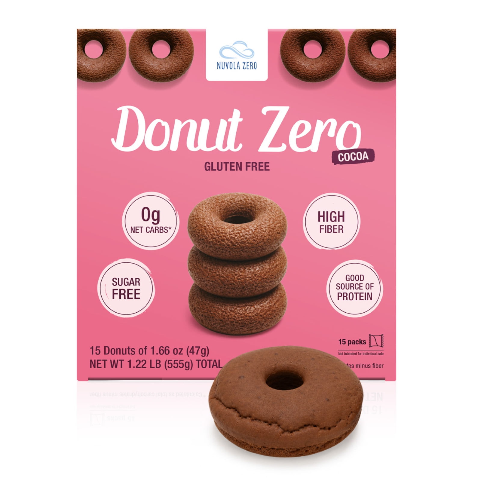 Nuvola Zero Cocoa Keto Donuts 0g Net Carbs High Protein & High Fiber Sugar Free Gluten-Free Lactose Free 15 Individually Wrapped Donuts