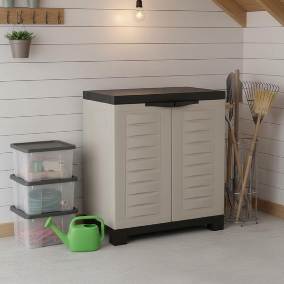 HomeRoots 668940 26 in. Gray & Black Heavy Duty Plastic 2 Door Utility Cabinet