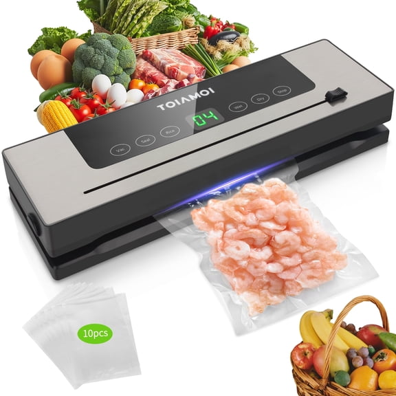 TOIAMOI Vacuum Sealer, Wet and Dry Food Storage, Built-In Cutter with 10 Vacuum Bags, Silver