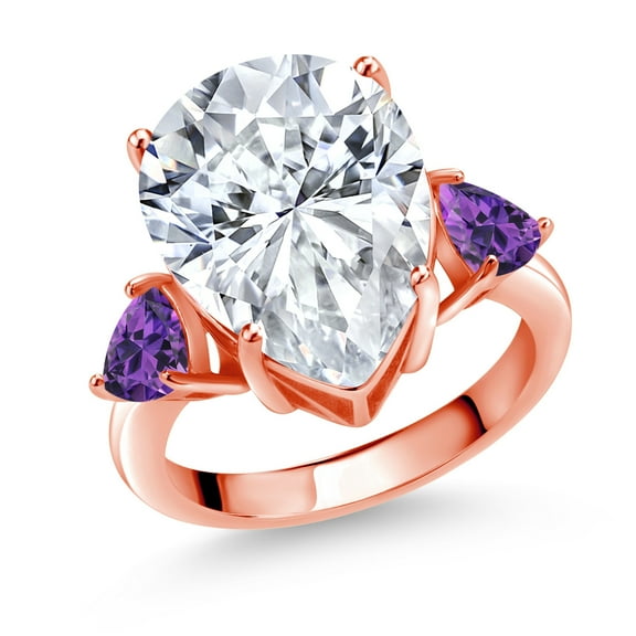 Gem Stone King 18K Rose Gold Plated Silver Purple Amethyst Ring Set with Moissanite (9.97 Cttw) (Size 8)